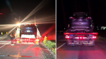 Two vehicles being towed after drivers were caught stunt driving on Highway 401 over the weekend. (OPP/X)