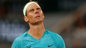 Spain's Rafael Nadal reacts as he plays against Germany's Alexander Zverev during their first round match of the French Open tennis tournament at the Roland Garros stadium in Paris, Monday, May 27, 2024. (Jean-Francois Badias / AP Photo)