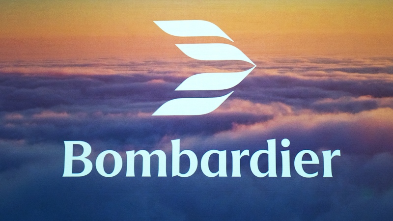 The new Bombardier logo is revealed during a ceremony at their plant Wednesday, April 24, 2024 in Montreal. (Ryan Remiorz, The Canadian Press)