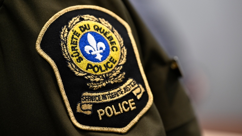 The Surete du Quebec, or Quebec Provincial Police patch, is seen at a news conference in Quebec City on February 29, 2024. (Jacques Boissinot, The Canadian Press)