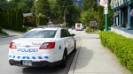 A police car and ambulance are seen on Deep Cove Road after an alleged knife attack on Saturday, May 25. (CTV News) 