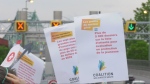 Protesters near the Jacques Cartier Bridge in Montreal were protesting the Quebec government's new Sante-Quebec agency and other issues in the health-care network.