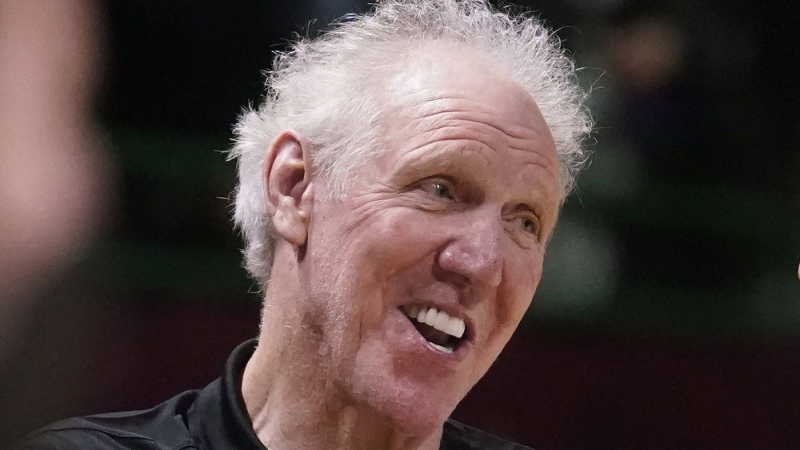 Basketball Hall of Fame legend Bill Walton laughs during a practice session for the 2022 NBA All-Star Game. (Charles Krupa/AP Photo)