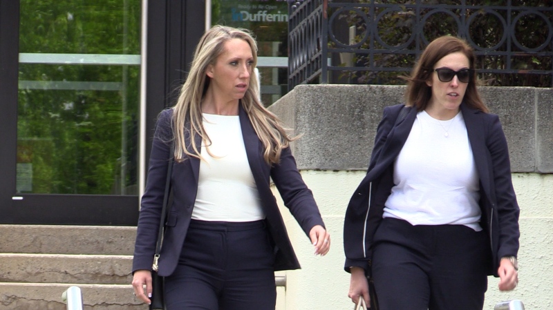 OPP officer Amanda Farrell  and defence lawyer Naomi Lutes leave the courthouse in Orangeville, Ont., on Mon., May 27, 2024. (CTV News/Mike Arsalides)