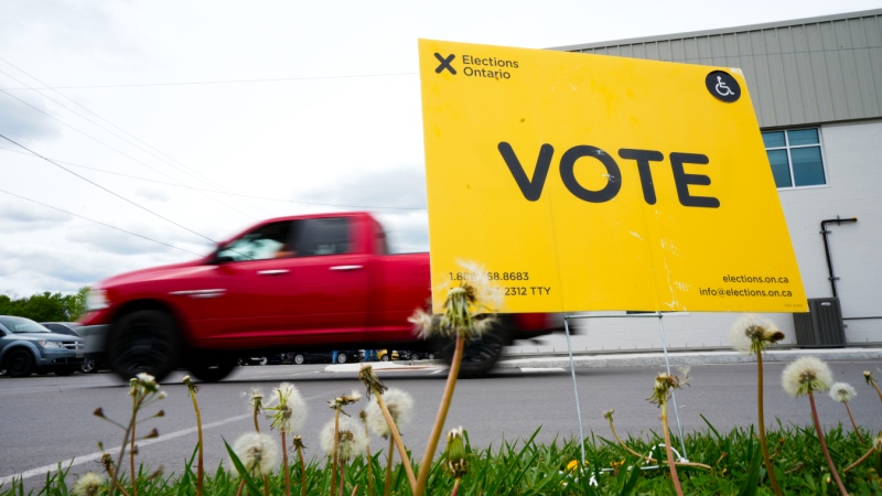 A vote sign is displayed outside a polling station during advanced voting in the Ontario provincial election in Carleton Place, Ont., on Tuesday, May 24, 2022. (Sean Kilpatrick/THE CANADIAN PRESS)