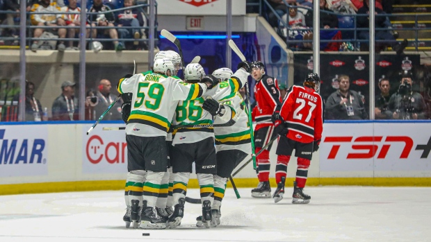 London beat Moose Jaw 5-4 in the Knight's second game at the Memorial Cup tournament in Saginaw, MI. May 27, 2024. (Source: Canadian Hockey League)
