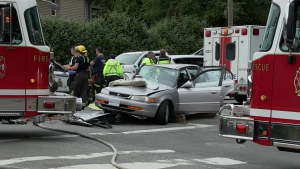 The scene of a fatal car crash in Cloverdale is pictured on Monday, May 27. (CTV News) 