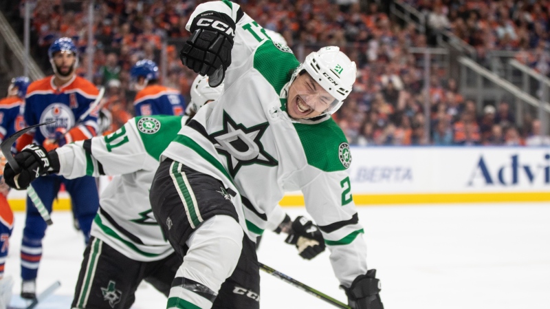 Dallas Stars winger Jason Robertson celebrates his third goal of the game against the Edmonton Oilers during NHL Western Conference Final action on May 27, 2024, in Edmonton. (Jason Franson/The Canadian Press)