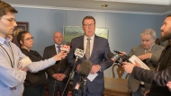Premier Scott Moe speaking with reporters on May 27, 2024. Moe faced a long list of questions surrounding former Government House Leader Jeremy Harrison, who admitted to bringing a firearm to the legislative building after being accused by Speaker Randy Weekes. (Gareth Dillistone/CTV News )
