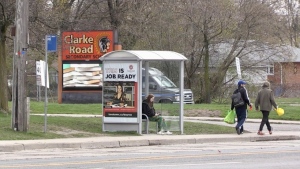 A bus stop is seen outside Clarke Road Secondary School in London. (Daryl Newcombe/CTV News London)