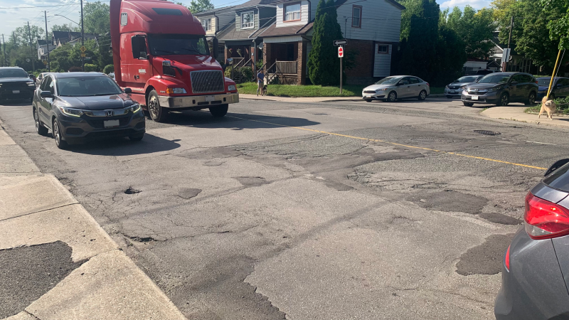 Rough pavement and pot holes on Hamilton's Aberdeen Avenue are shown in this image from CAA's Worst Roads 2024 competition. May 28, 2024 (Source: CAA)