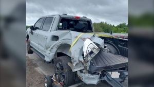 Stolen pickup truck was totalled in a serious crash on Highway 400 on Tuesday May 28, 2024 (Source: OPP)