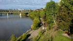 An aerial image of walking trails in the North Saskatchewan River valley in central Edmonton, with the Low Level and Walterdale bridges visible in the background, taken on May 24, 2024. (Cam Wiebe / CTV News Edmonton) 