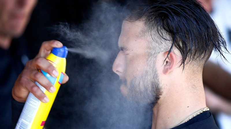 Chicago White Sox second baseman Carlos Sanchez sprays on sunscreen in the dugout prior to the team's spring training baseball game against the Los Angeles Dodgers on Saturday, March 18, 2017, in Glendale, Ariz. The Dodgers defeated the White Sox 13-7.(AP Photo/Ross D. Franklin)