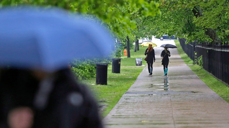 Pedestrians shield themselves from the rain in downtown Halifax on June 8, 2013. THE CANADIAN PRESS/Devaan Ingraham