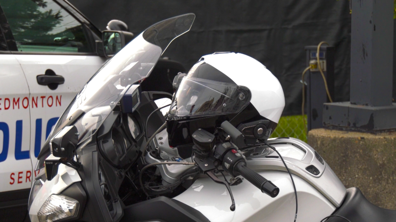 A motorcycle and helmet. May 28, 2024 (Cam Wiebe/CTV News Edmonton)