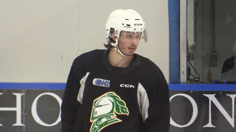 London, Ont. native Ethan MacKinnon retired from hockey due to concussions in January 2024. He has remained with the London Knights organization in player development and as a practice defenceman (Brent Lale/CTV London)