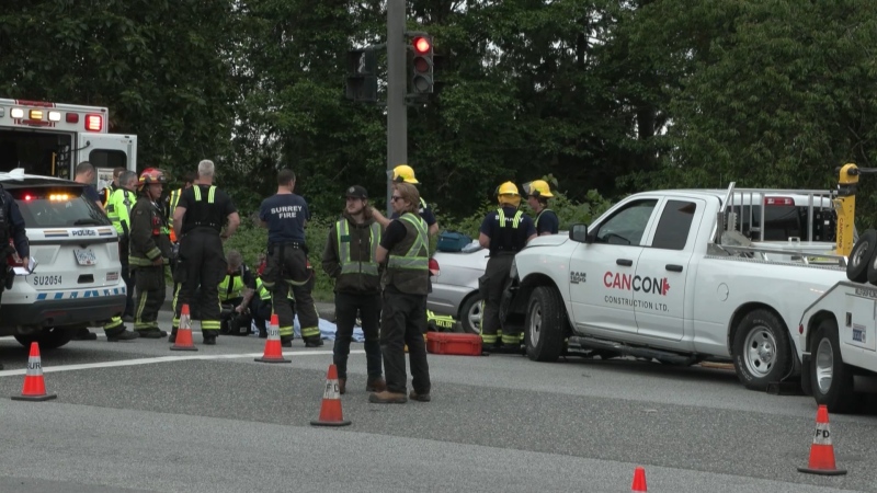 Crews respond to a crash in Surrey's Cloverdale neighbourhood on May 27, 2024. 