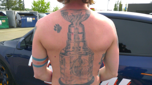 The Oilers Stanley Cup tattoo Kevin Genest got as part of a radio contest in 2006. May 28, 2024 (Darcy Seaton/CTV News Edmonton)