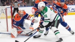 Dallas Stars centre Roope Hintz is stopped by Edmonton Oilers goalie Stuart Skinner during NHL playoff action on May 27, 2024, in Edmonton. (Jason Franson/The Canadian Press)