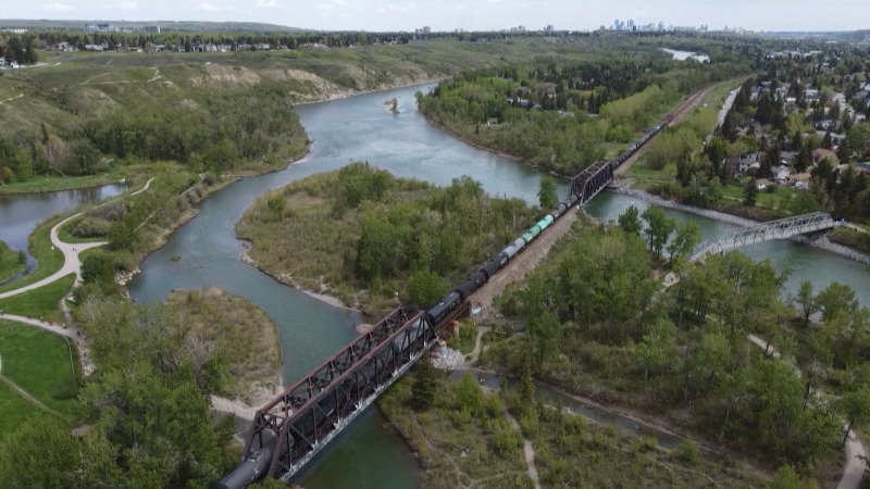 An aerial shot shows the scene where a teen was fatally injured after being hit by a train in northwest Calgary on May 28, 2024. (CTV News) 