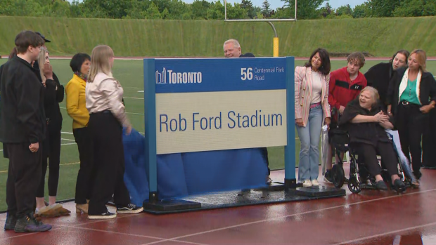 Premier Doug Ford, Mayor Olivia Chow and Rob Ford's family unveil Rob Ford Stadium on Tuesday, May 28, 2024.