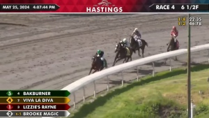 Lizzie's Rayne, right, pulls up during a race at Hastings Racecourse on Saturday, May 25, 2024. The horse suffered a leg fracture that was determined to be "unrecoverable" and was euthanized. (Vancouver Humane Society / YouTube)