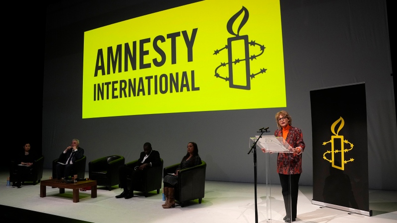 Amnesty International director general Agnes Callamard delivers her speech Monday, March 27, 2023 in Paris. (AP Photo/Michel Euler) 