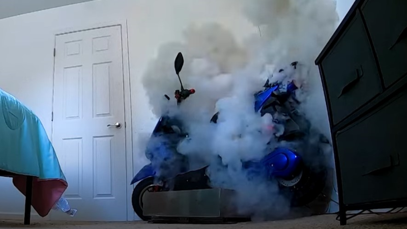 An e-bike catches fire before exploding in a video from the Fire Safety Research Institute. (Source: Youtube/Fire Safety Research Institute)