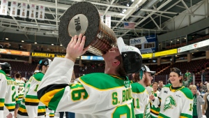 Sawyer Boulton celebrates winning the OHL Championship on May 15, 2024. (Source: Ian Goodall/Goodall Media)