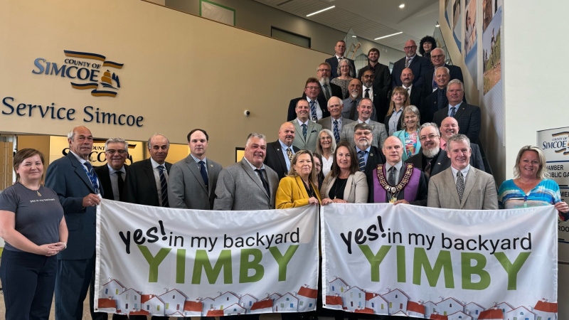 A group of people gather at Simcoe County administration building to kick-off YIMBY Week. May 29, 2024 (Source: County of Simcoe)