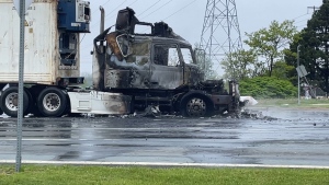 A tractor-trailer is pictured after a fire in Dartmouth, N.S., on May 29, 2024. (Carl Pomeroy/CTV Atlantic)