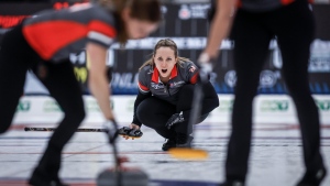 Team Ontario-Homan skip Rachel Homan encourages her teammates as they play Team Manitoba-Jones in the final at the Scotties Tournament of Hearts in Calgary, Sunday, Feb. 25, 2024. THE CANADIAN PRESS/Jeff McIntosh