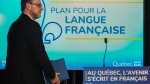 Minister of the French Language Jean-Francois Roberge arrives for a press conference concerning the Plan for the French language in Montreal, Sunday, April 28, 2024. (Graham Hughes, The Canadian Press)