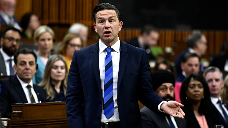Conservative Leader Pierre Poilievre rises during Question Period in the House of Commons on Parliament Hill in Ottawa on Monday, May 27, 2024. THE CANADIAN PRESS/Justin Tang