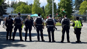 Police prepare to move in on a protest at UBC on May 29, 2024. 