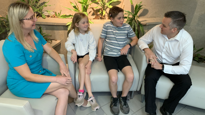 10-year-old hearing patient Carter McDonald (third from left) is pictured with his family, mother Marzena McDonald, sister Natalie McDonald, and father Reid McDonald at Children’s Hospital, London Health Sciences Centre on May 29, 2024. (Bryan Bicknell/CTV News London) 