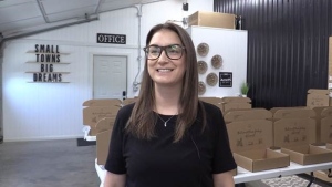 Milverton entrepreneur Virginia Ehrlich, owner/founder of Acre 75 Gathered small town subscription boxes, seen in Milverton on May 24, 2024. (Scott Miller/CTV News London)