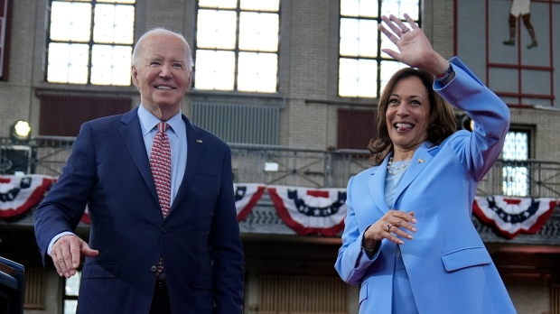 U.S. President Joe Biden and Vice-President Kamala Harris wave at a campaign event at Girard College, Wednesday, May 29, 2024, in Philadelphia. (Evan Vucci/AP Photo)