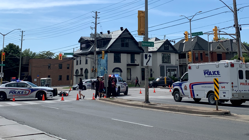 A collision at Richmond Street at Oxford Street East in London, Ont. sent two people to hospital on May 29, 2024. (Reta Ismail/CTV News London) 