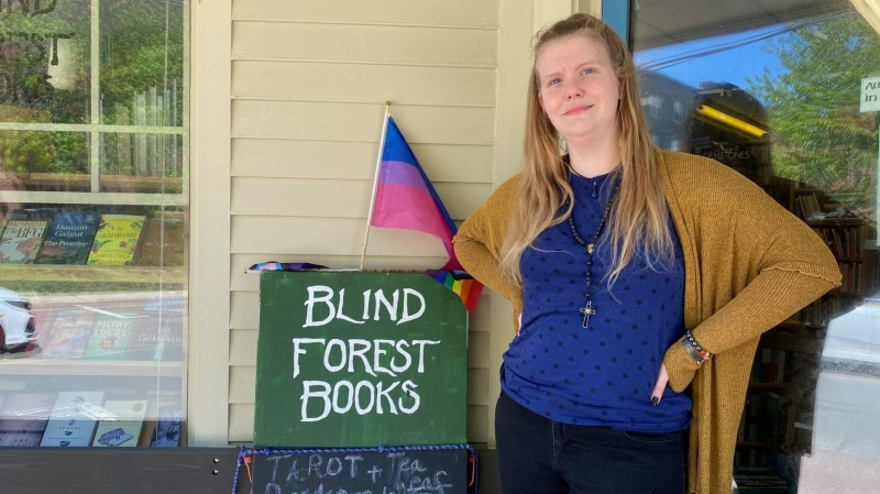 Miriam Lapp, co-owner of Blind Forest Books, is pictured in front of her shop in Sackville, N.B. 