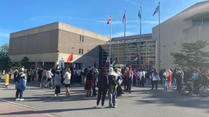 Protesters gather outside Ottawa Police headquarters on Elgin Street. May 29, 2024. (CTV News Ottawa)