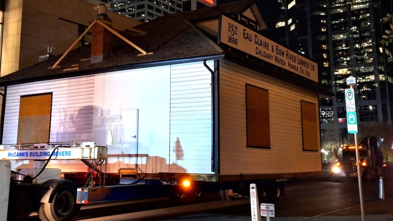 A photo shows the Eau Claire and Bow River Lumber building being moved to its new location on Tuesday, May 28, 2024. (Facebook/Dave Elia) 