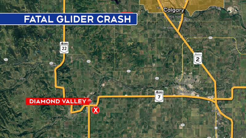 A map shows the location of a fatal glider crash near Diamond Valley, Alta. on May 29, 2024. (CTV News) 