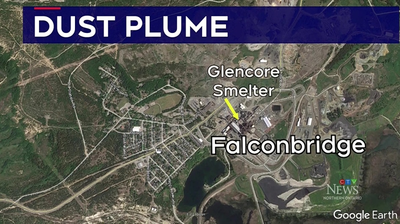 Dust plume at Glencore smelter in Falconbridge area of Greater Sudbury. (CTV Northern Ontario)