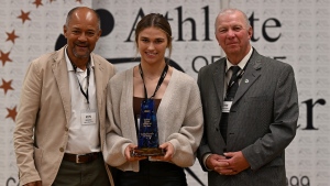 Athlete of the Year co-founders Ken Brooks (L) & John Thomson (R) presented Caitlin Kraemer with the 2023 Athlete of the Year award at at the Waterloo Memorial Recreation Complex on May 29, 2024. (Submitted: Ken Brooks, Courtesy: Dan Congdon)
