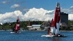 SailGP boats from Team Denmark and Team Canada are pictured in the Halifax Harbour on May 29, 2024. (Jonathan MacInnis/CTV Atlantic)