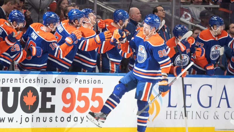 Edmonton Oilers' Corey Perry (90) celebrates a goal against the Colorado Avalanche during first period NHL action in Edmonton on Friday April 5, 2024.THE CANADIAN PRESS/Jason Franson