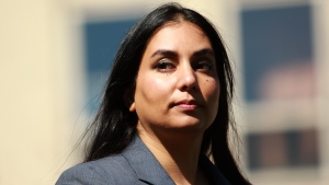 Attorney General Nikki Sharma is seen during a press conference in front of the Provincial Court of British Columbia in Nanaimo, B.C., Wednesday, April 12, 2023. THE CANADIAN PRESS/Chad Hipolito
