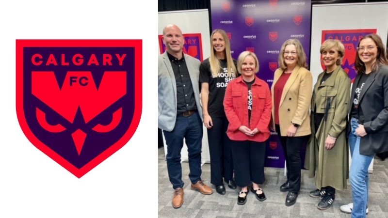 In this combination photo, Calgary Wild FC's crest is seen (left), and Lee Tucker, Foothills FC; Sarah Kinzner, Foothills FC; Deanna Zumwalt, board chair, Calgary Wild FC; Susan Anderson, Cenovus; Mayor Jyoti Gondek; and Kelly McGuire, Calgary Wild FC board member are seen at an event on May 30, 2024 (right). (Calgary Wild FC) 